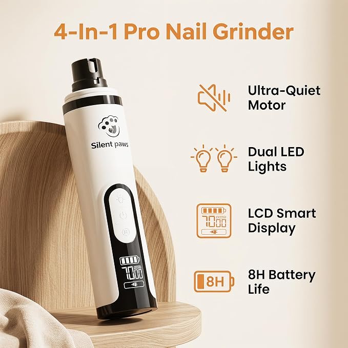 silent paws Quiet Pet Nail Grinder with LCD& Light | Quiet Dog Nail Grinder Suits Sensitive Pets. 3 Speeds Nail Trimmers for Small to Large Dogs ,Cats and Other Animals.