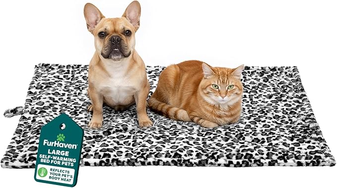 Furhaven ThermaNAP Self-Warming Cat Bed for Indoor Cats & Large/Medium Dogs, Washable & Reflects Body Heat - Quilted Faux Fur Reflective Bed Mat - Snow Leopard, Large