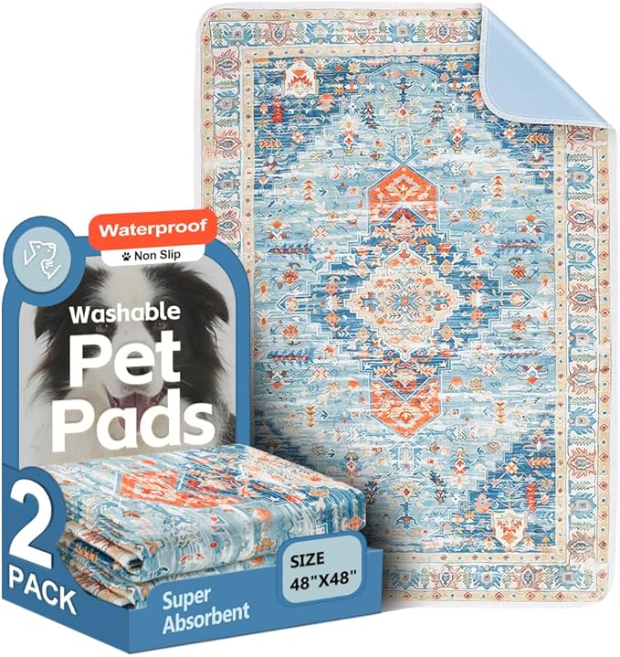 Washable Pee Pads for Dogs, 2 Pack Reusable Puppy Training Pads 48"x48" Super Absorbent Waterproof Dog Training Pads, Non-Slip Potty Pads, Whelping Pads Litter Mat Blue/Mix