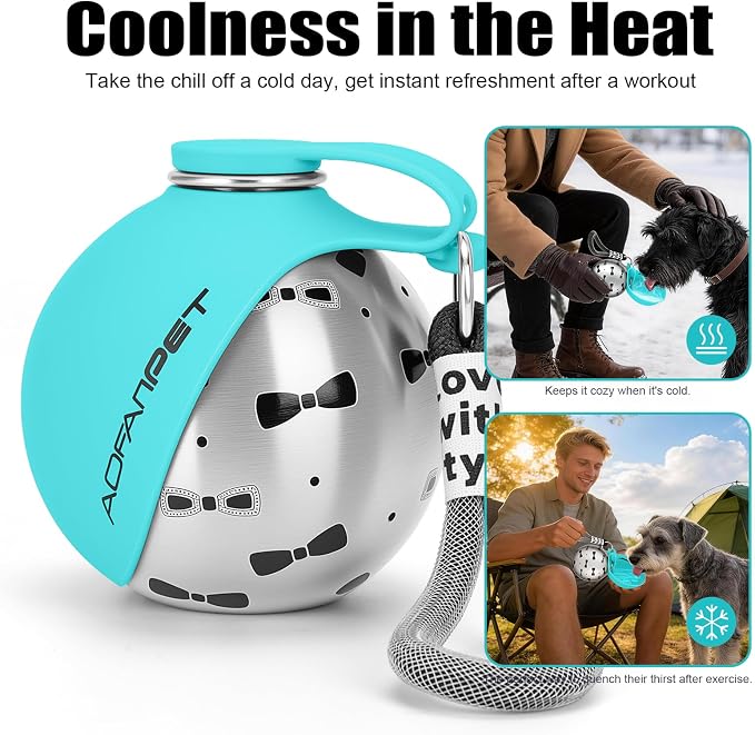 Portable Dog Water Bottle 10oz Stainless Steel Travel Dog Water Dispenser with Bowl No-Spill Puppy Water Bottle for Walking Hiking Small Dog Water Bottle (Blue Bow Print)