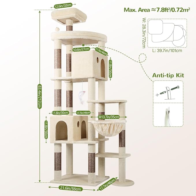 Globlazer Giant Cat Tree for Indoor Large Cats, 83in, F83, Beige | XXL Cat Tower with 9 Scratching Posts for 20lb+ Heavy Duty Large Adult Cats