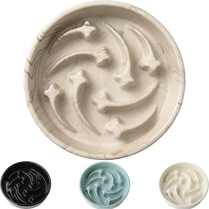 Stoneware Slow Feeder Dog Bowls Large Breed, 2 Cups Slow Eating Dog Bowl with Marble Pattern Design, Weighted Anti Gulping Food Bowl, Non Slip Puzzle Maze Pet Dishes for Fast Eaters, 8.3 inch