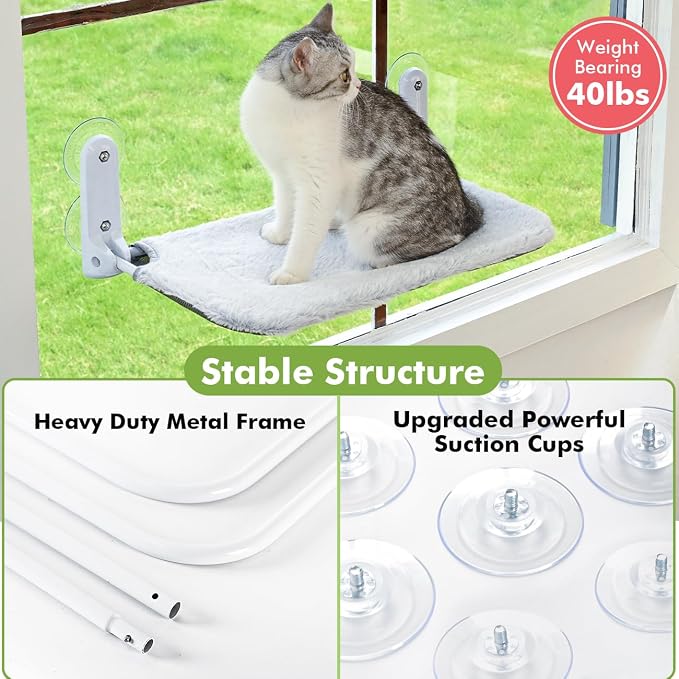 Zoratoo 2PC Cat Window Perch, Foldable & Cordless with Metal Frame, M Gray | 2-in-1 Reversible Cover, Removable for Machine Wash, Stable Window Resting Seat with Large Suction Cups for Indoor Cats