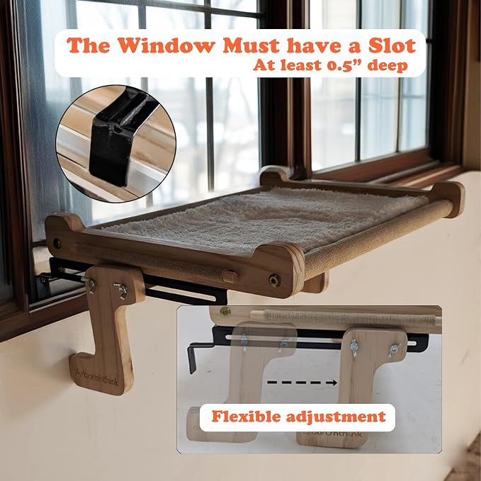 No Suction Cup Cat Window Perch, Adjustable 40lbs Heavy Duty Cat Hammock, Sturdy No-Drill Window Seat for Large Cats, Wood & Metal Frame Bed for Sills with Tracks