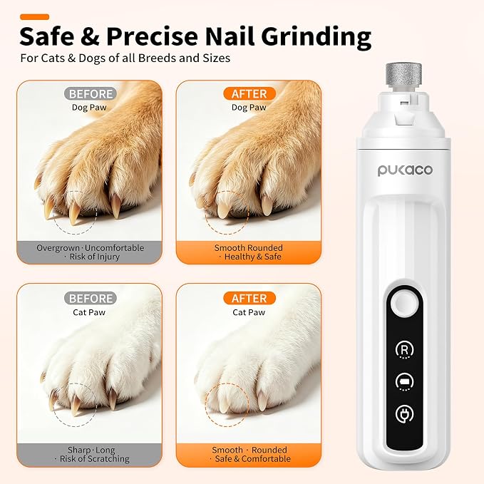 Dog Nail Grinder Whisper-Quiet Electric Cat Nail Trimmer with Light | 3 Grinding Bits, Smart Display, Low Vibration, Stress-Free Nail Grooming for Pets with Claw, No Over-Cutting, Rechargeable