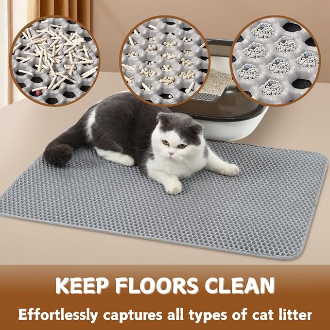 Honeycomb Double Layer Cat Litter Mat, Gray, 36 x 24 Inch, 1 Pack | Soft EVA Material, Non-Slip Backing, Urine & Water Resistant, Scatter Control, Washable & Durable, Ideal for Indoor Cats