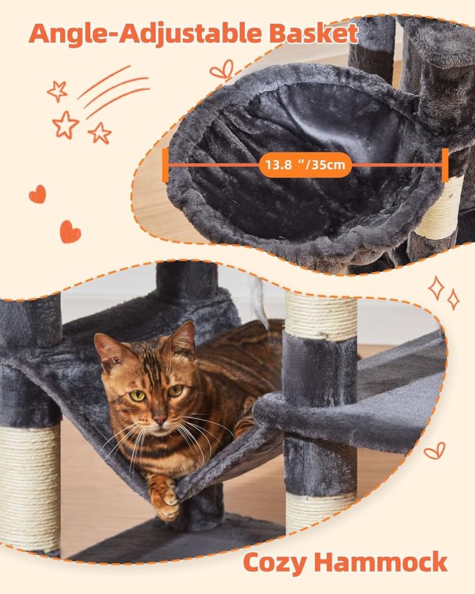 Taoqimiao Cat Tree, 67 in Tall Cat Tower with 2 Plush Cat Condos | 7 Scratching Posts, 2 Top Perches, Cozy Hammock & Basket, Indoor Cats, 2 Pompoms & Mouse Toy, Smoky Gray, MS013G