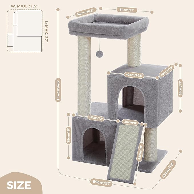 PAWZ Road Large Cat Tree, 45" Heavy Duty Cat Tower with Dual Condos, 3 Thick Full Wrapped Sisal Posts(φ4.3), Spacious Top Perch, Scratching Ramp for Large Cats,Gray