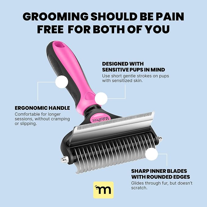 MalsiPree Dog Brush - Pink, 2-in-1 Undercoat & Dematting Rake | 2-in-1 undercoat rake & dematting brush - deshedding tool - Use for medium to large double-coated dogs & cats
