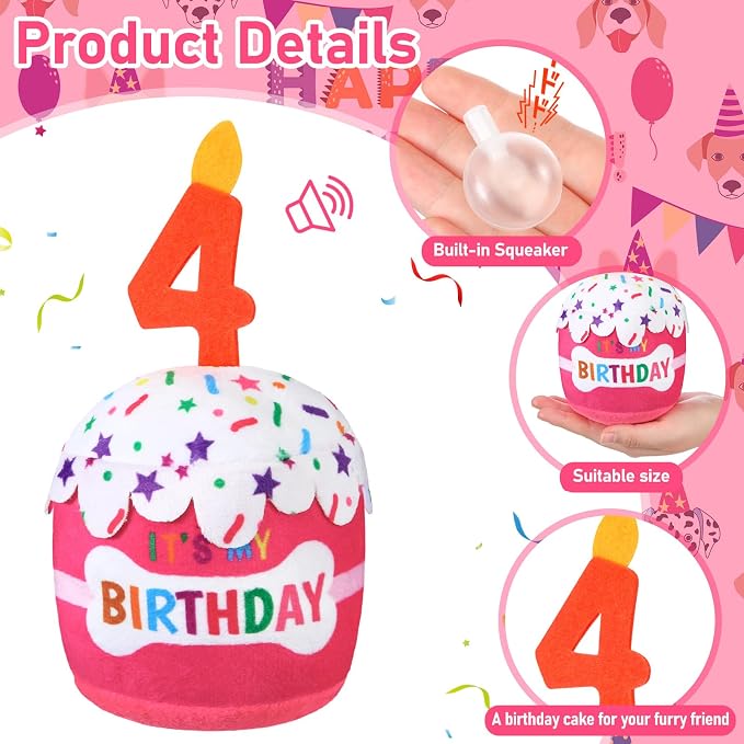 Dansydaisy Dog Birthday Cake Toy Squeaky Plush Toy for Girl Boy Gifts, Chew Accessories for Dog Birthday Party Decor Favor for Large, Medium and Small Dogs(4th,Pink)