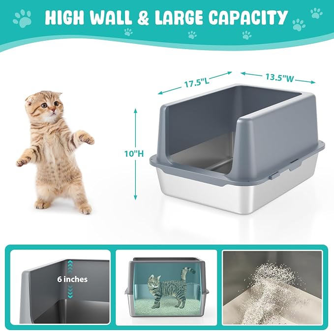 Litter Box with Lid, Stainless Steel Cat Litter Box, 10" Small Metal Litter Box for Kittens, Grey