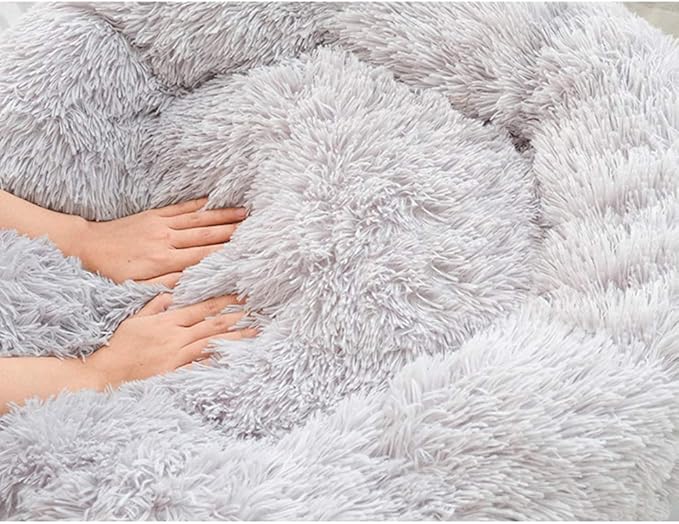 Faux Fur Dog Bed, Shag Round Anti-Anxiety Pet Calming Doughnut Cuddler for Medium Large Puppy Dog Cat Kennel Cushion - Self Warming (28'' D x 8" H, Light Grey)