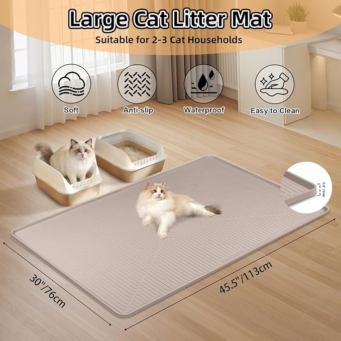 Silicone Cat Litter Mat 45" x 30" Cat Mat for Litter Box, Khaki | Extra Large Cat Litter Trapping Mat for Floor, Waterproof, Non-Slip Kitty Litter Box Mat with Raised Edge, Easy to Clean