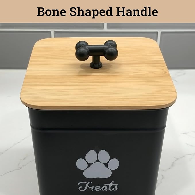 Dog Treat Container Airtight - 6 Inch Wide x 8 Inch Tall Iron Dog Treat Jar for Kitchen Counter with Airtight Bamboo Lid - 12 Cup Capacity Pet Treat Container - Doggie Cookie Jar - Big Treats Canister