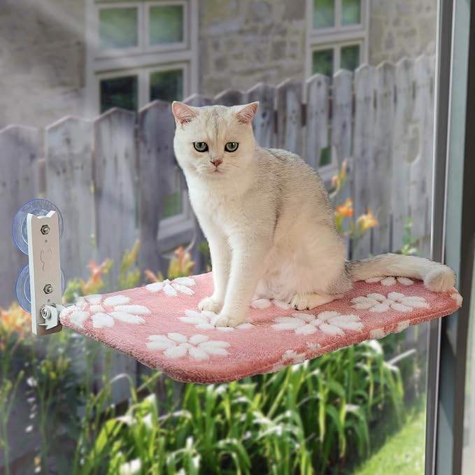 Cute Cat Window Perch, Foldable Cat Window Hammock, Pink | Cordless Window Seat Bed for Indoor Cats, 3D Textured Flower Cover, Strong Suction Cups