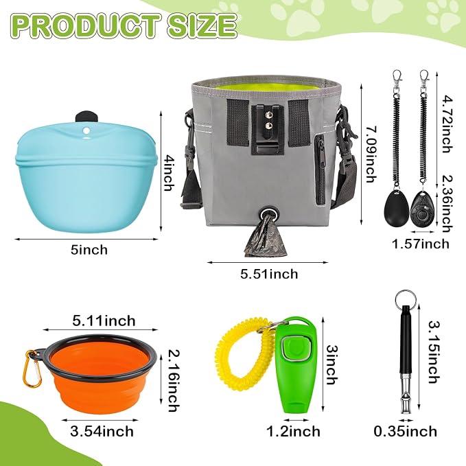 Dog Treat Pouch for Training -6 PCS Dog Training Treat Bag with Clicker, Poop Bag Dispenser, Whistle, Collapsible Bowl, Silicone Pouch, Adjustable Waist Pack for Dog Walk, Park, Outdoor Charcoal Gray