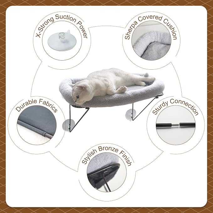 Zakkart Cat Window Perch - 100% Metal Supported from Below - Comes with Warm Spacious Pet Bed - Cat Window Hammock for Large Cats & Kittens - for Sunbathing, Napping & Overlooking (Grey)