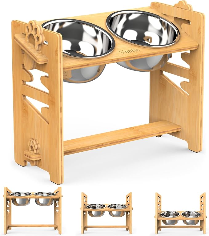 Elevated Dog Bowls, Adjustable Bowl Stand Large/XLarge, Natural | Bamboo Elevated Feeder with 2 Stainless Steel Bowls, Adjustable Height Stand for Large and Extra-Large Dogs