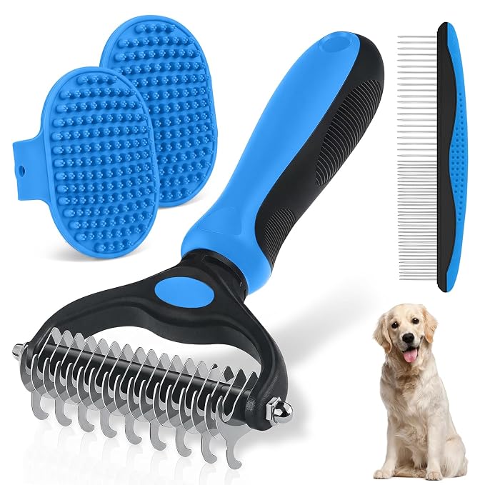 Double-Sided Pet Grooming Rake - 4-in-1 Professional Pet Grooming Kit Deshedding Dematting Tool for Dogs Cats Extra-Wide Grooming Brush & Deshedder Comb for Long & Short Haired Pets (Blue Kit 4PCS)