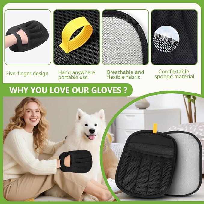Electrostatic Pet Hair Remover Gloves – 2 Pack Reusable Lint Roller Alternative for Furniture, Carpet & Car Seats – Washable Dog & Cat Hair Brushes with Deep Cleaning Grip – No Sticky Refills Needed