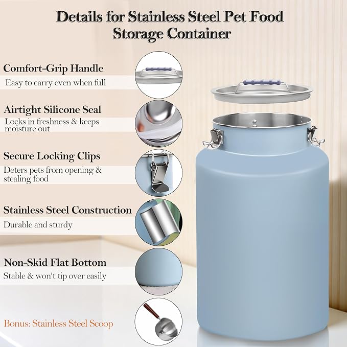 25lb Stainless Steel Dog Food Storage Container with Lid and Scoop | Airtight Metal Pet Food Storage, Large Capacity, Durable, Rust-Proof, Moisture-Proof, Keeps Kibble Fresh for Daily Use