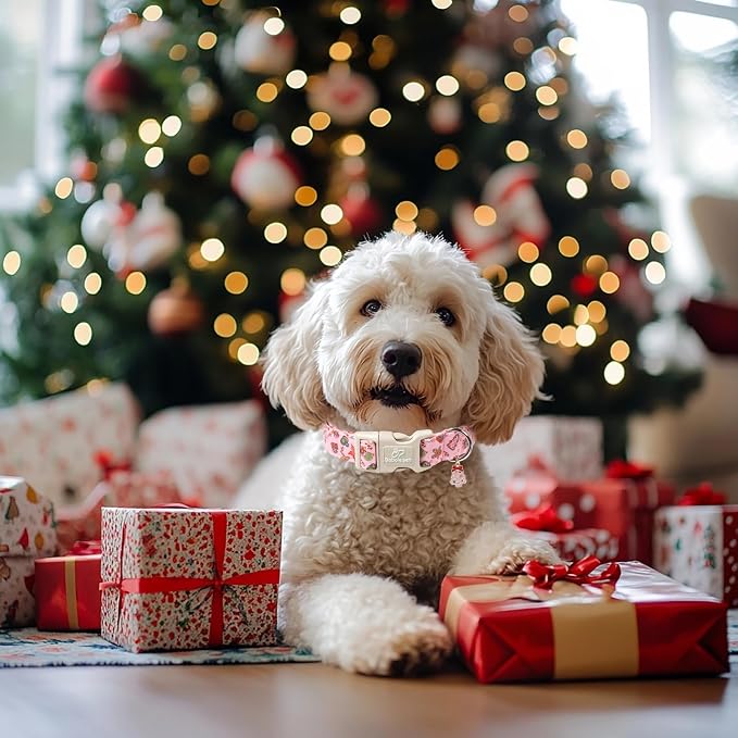 Christmas Dog Collar - Cute Pink Cozy Christmas Puppy Collar with Safety Buckle, Soft Adjustable Holiday Dog Collars for Small Medium Large Dogs XL