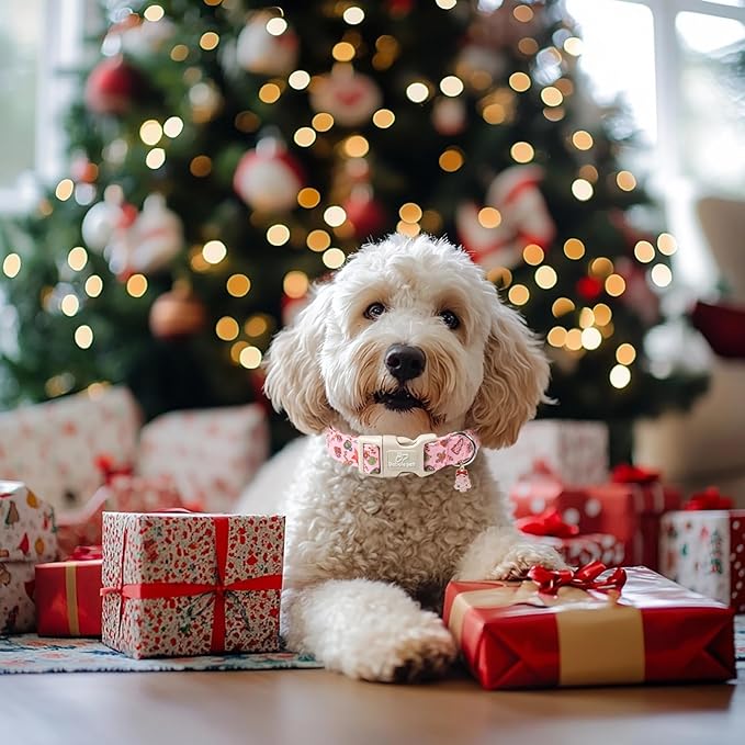 Christmas Dog Collar - Cute Pink Cozy Christmas Puppy Collar with Safety Buckle, Soft Adjustable Holiday Dog Collars for Small Medium Large Dogs XS