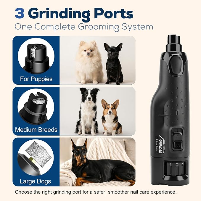 6-Speed Quiet Dog Nail Grinder with LED Light, Low-Vibration Electric Pet Nail Trimmer for Dogs and Cats, Safe Grooming Kit for Beginners, Complete Set with Storage Case