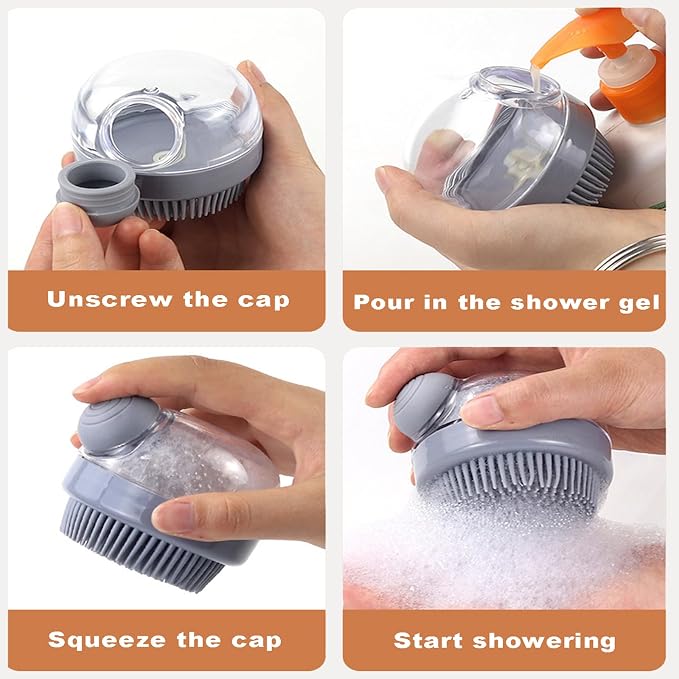 4Pcs Dog Shower Grooming Kit,Soft Silicone Pet Shampoo Massage Dispenser Grooming Shower Brush,Adjustable Soothing Rubber Brush,Self-Cleaning Slicker Comb,Gentle Deshedding Brush Glove for Cats & Dogs