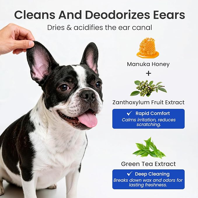 Itch Relief Natural Ear Cleaner for Dogs & Cats 8.45 oz | pH Balanced, No-Sting, Manuka Honey & Green Tea, Itch Relief, Odor Eliminating, Yeast Prevention for Dogs & Cats