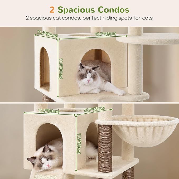 Globlazer Maine Coon Corner Cat Tree for Indoor Cats 74in, C74, Beige | Tall Heavy Duty Cat Tower for Large Multiple, 2 Big Platforms, 2 Extra Large Cat Condos, 2 Baskets, Sisal Scratching Board