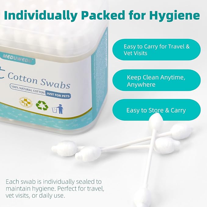 MEDUWEDU Pet Cotton Swabs, 55 Count｜Gourd-Shaped Tips｜Soft Cotton & Paper Stick｜Dog & Cat Ear Cleaner Swabs｜Safe Grooming Tool for Pets