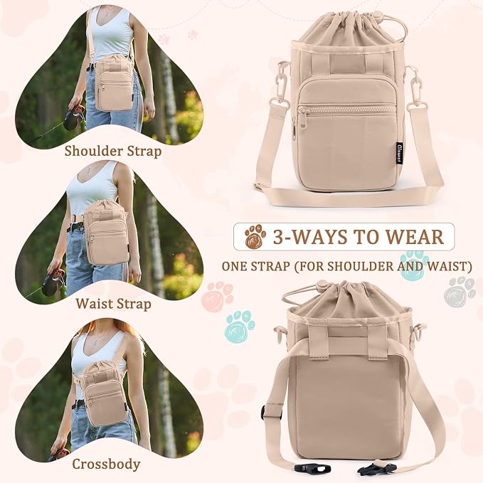 Stylish Dog Training Treat Pouch with Waist & Shoulder Strap, Dog Treat Bag for Walking and Training, Removable Waterproof Liner, Drawstring Treat Holder with Front Pocket & Clicker