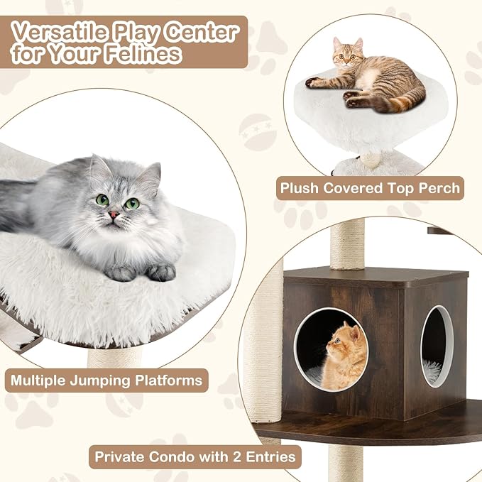 Tall Cat Tree for Indoor Cats, 71 Inches Multi-Level Modern Cat Tower with Plush Perch, Cozy Condo, Platforms, Sisal Scratching Posts, EVA Massage Comb & Removable Cushions (Brown)