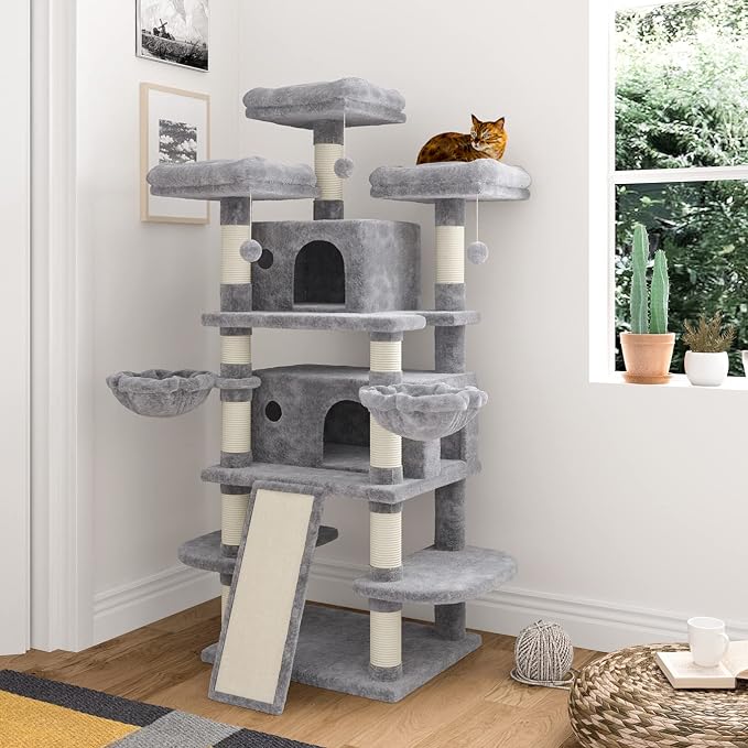 68 Inches Multi-Level Large Cat Tree for Large Kitties/Big Cat Tower with Condo/Cozy Plush Perches/Sisal Scratching Posts and Hammocks/ ‌Feline Activity Center Play House/Grey