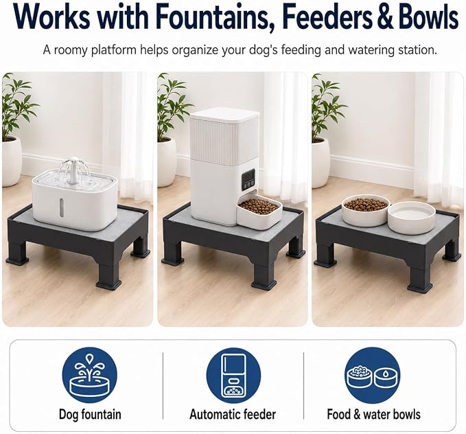 Raised Dog Fountain Stand with Absorbent Diatomite Mat, Adjustable 3.5" & 6" Dog Water Bowl Stand, Helps Keep Floors Dry, Elevated Pet Fountain Base for Dog Fountains, Feeders & Bowls(Stand Only)