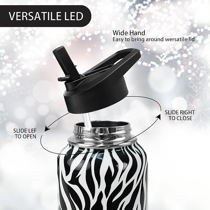32 Oz Zebra Stripes Water Bottle With Handle, Flip Lid & Straw - Insulated Travel Coffee Mug, Animal Print Gifts for Women Men