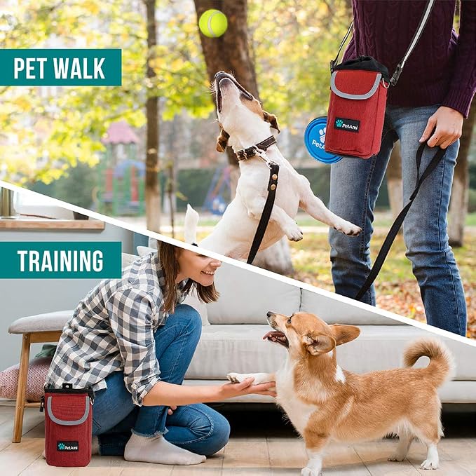 PetAmi Dog Treat Pouch, Large Hands-Free Training Bag, Red | Built-In Poop Bag Dispenser, Holds 3 Cups Of Treats, 4 Ways to Wear, D-Ring, Reflective Strap, Dog Treat Bag for Walking