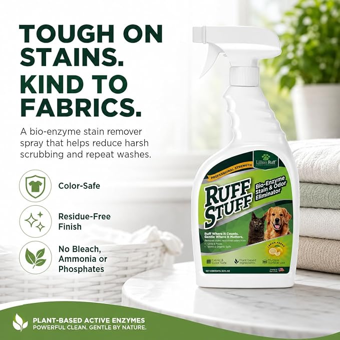 RUFF STUFF Max-Strength Bioenzyme Cleaner, Pet Stain & Odor Eliminator, Laundry Stain Remover Spray for Clothes, Dog Urine Carpet & Upholstery Cleaner, Lemon Scent, 32 Fl Oz