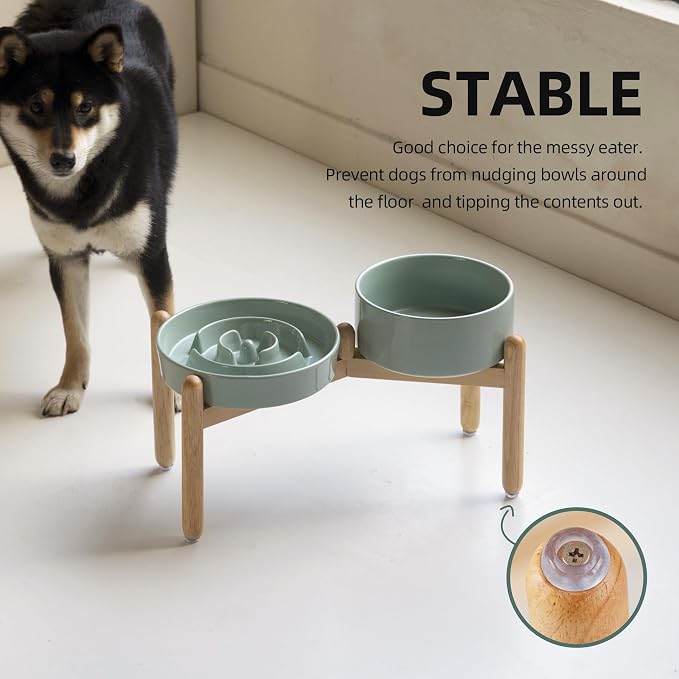 Havniva 8.2” Raised Slow Feeder Dog Bowls Set, 1.6 Cups Ceramic Slow Feeder Dog Bowl and 7.3” Dog Water Bowl with Elevated Wooden Stand Puzzle Dog Food Bowl for Medium Dogs Anti-Gulping & Anti-Choking