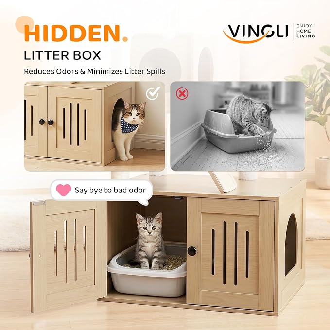 VINGLI Cat Tree Tower with Litter Box, 54" H All-in-1 Wooden Cats Condo, Cat Tower wih Scratching Posts, Houses for Indoor Kittens Hidden Cat Washroom Furniture (Light Brown Cabinet)