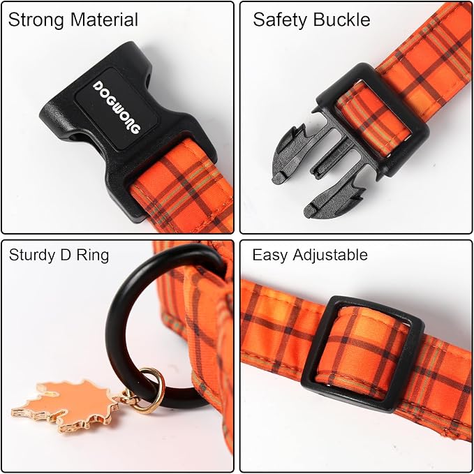 DOGWONG Fall Orange Plaid Dog Collar- Cute Designer Fall Checkered Dog Collars Adjustable Halloween Dog Collar for Small Medium Large Dogs XS