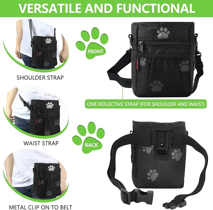 Dog Treat Pouch, Magnetic Closure, Dog Clicker- Black Pattern | Dog Training Treat Pouch, Large Size, Nylon Material, Magnetic Closure & Clicker, for Walking, Obedience & Outdoor Use