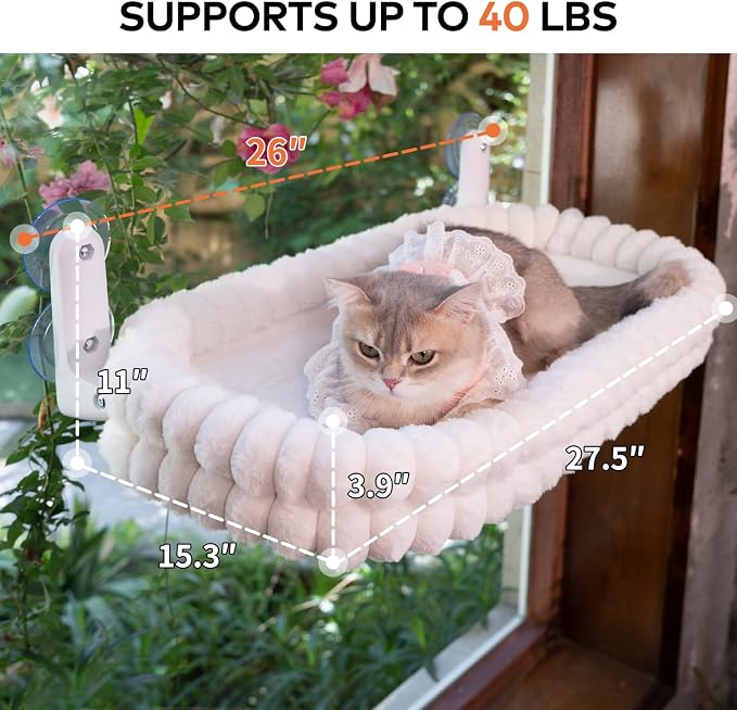CHEERPALS Cloud Cat Window Perch for Indoor Cats Hammock Bed Foldable | Reversible Cushion Removable Washable, Breathable Soft All-Season, Sturdy Strong Suction Cups Support, Cordless(White,Large)