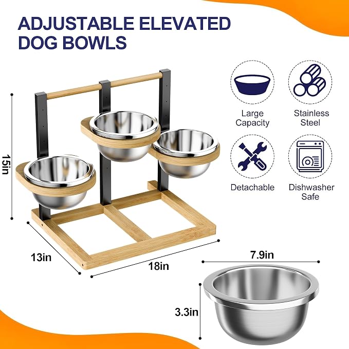 Elevated Dog Bowl,Bamboo Raised Dog Bowl,5-Height | Adjustable Dogs Food Bowls Stand,Dog Feeding Station with 3 Food and Water Bowls for Medium,Large Dogs
