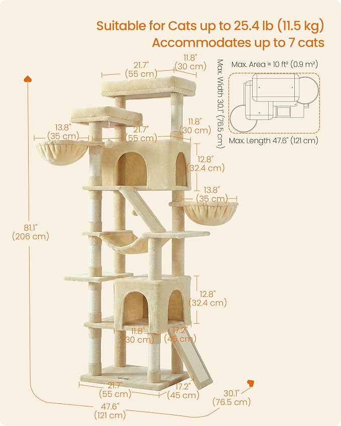 Feandrea Large Cat Tree, 81.1" Tall Sturdy Cat Tower for Indoor, Beige | Multi-Level Cat Condo with Sisal Scratching Posts, Hammock, Climbing Ladder, Easy to Assemble, UPCT021Y101S