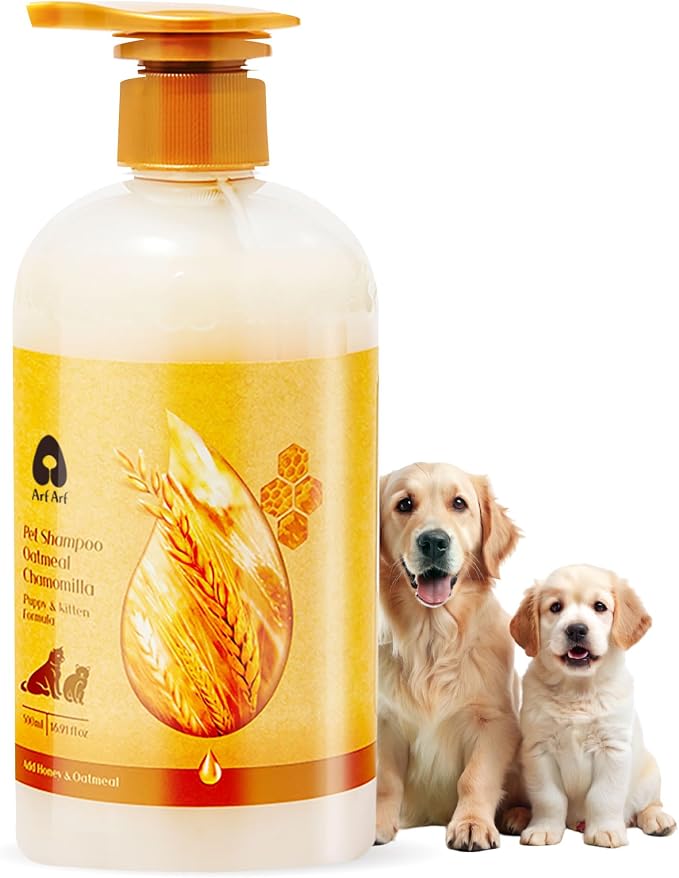 Arf Arf Tearless Puppy & Kitten Shampoo – Oatmeal & Honey, Gentle, 16.9oz | Tearless & gentle for first baths. Chamomile soothes sensitive skin. pH-balanced (6.5–7). Safe for puppies & kittens.