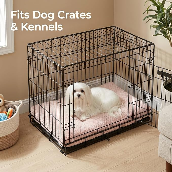 18 Inch Dog Crate Bed for Small Dogs and Puppies,Washable Puppy Crate Pad for Dog Cages,Soft Jacquard Flannel Kennel Mat with Anti-Slip Bottom,Fluffy Dog Bed for Toy Breeds,Pink