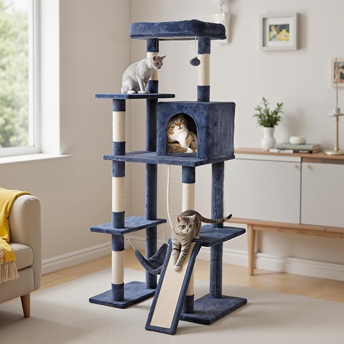 DUMOS Large 63in Cat Tree Tower with Scratching Posts, Indoor Cats Use | Multi Level Cat Climbing Tower with Condo, Extended Platform, Hammock, Pet House for Kittens Play, Dark Grey