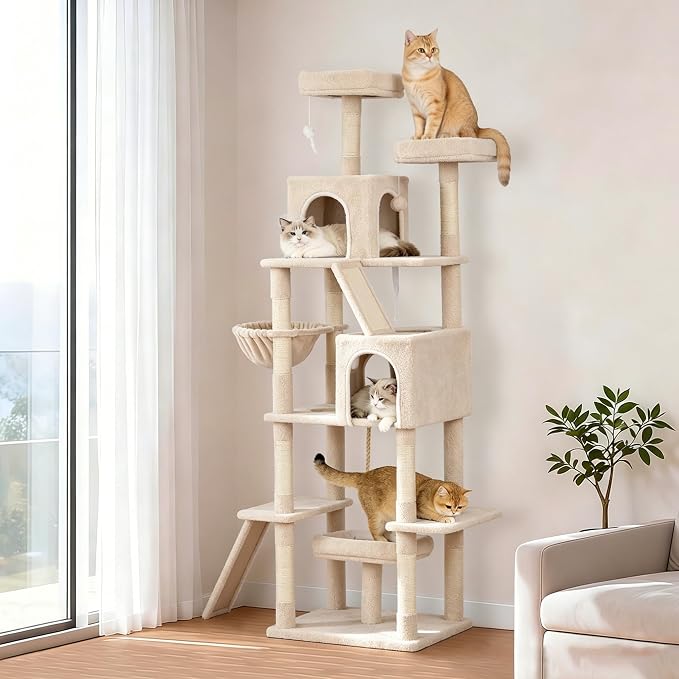 Multi-Level Cat Tree with 2 Cozy Condos, 89" Tall Cat Tower for Large Cats, Heavy Duty, Scratch Posts & Perches (Beige)